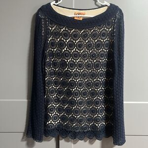Tory Burch Janeen Circle Eyelet Crochet Boat Neck L/S Blouse Top Navy Blue 8